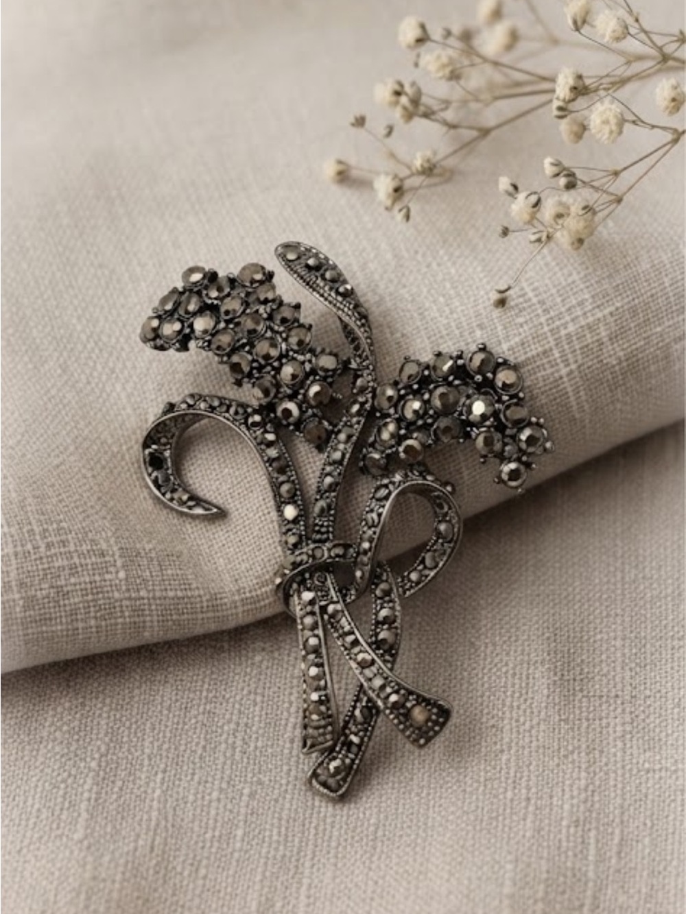 Vintage Gunmetal Marcasite Floral Ribbon Brooch